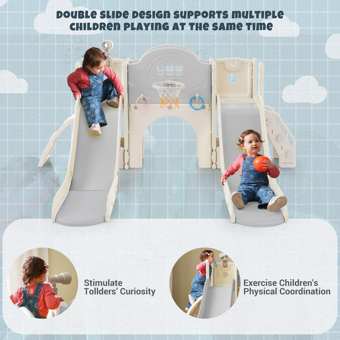 Kids Slide Playset Structure 7 In 1, Freestanding Spaceship Set With Slide, Arch Tunnel, Ring Toss And Basketball Hoop Double Slides For Toddlers, Kids Climbers Playground
