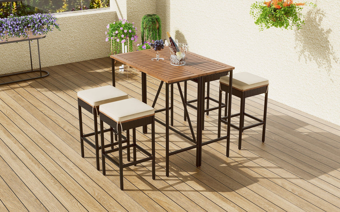 Go 5 Piece Outdoor Acacia Wood Bar Height Table And Four Stools With Cushions, Garden PE Rattan Wicker Dining Table, Foldable Tabletop, High Dining Bistro Set, All-Weather Patio Furniture, Brown