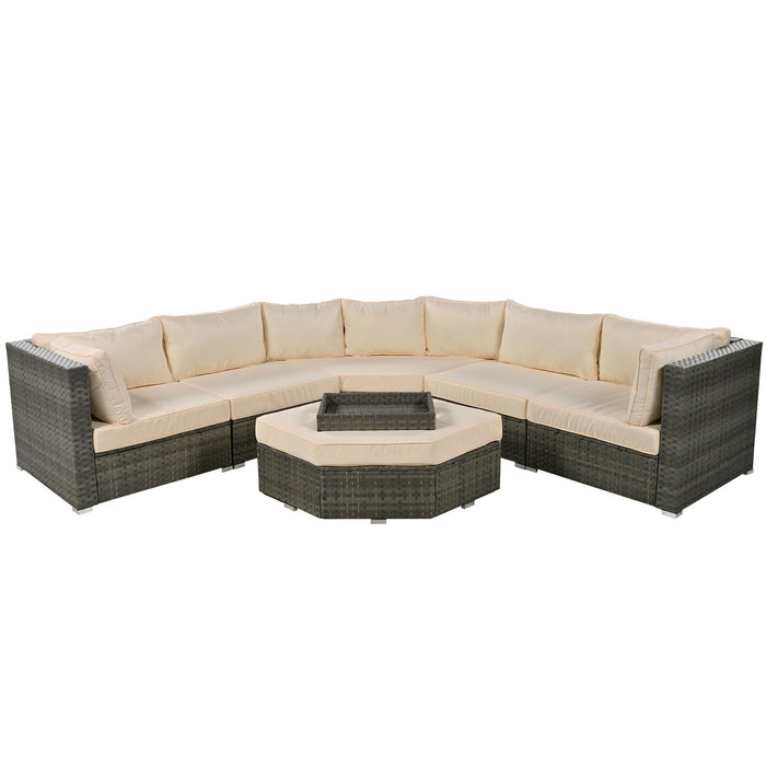 U - Style Patio Furniture Set, 6 Piece Outdoor Conversation Set All Weather Wicker Sectional Sofa With Ottoman And Cushions And Small Trays - Beige