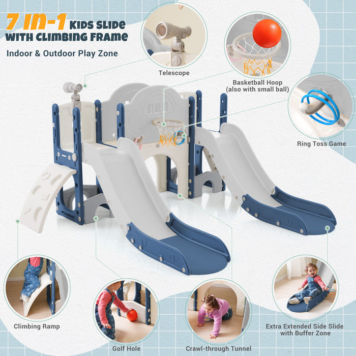 Kids Slide Playset Structure 7 In 1, Freestanding Spaceship Set With Slide, Arch Tunnel, Ring Toss And Basketball Hoop, Double Slides For Toddlers Kids Climbers Playground