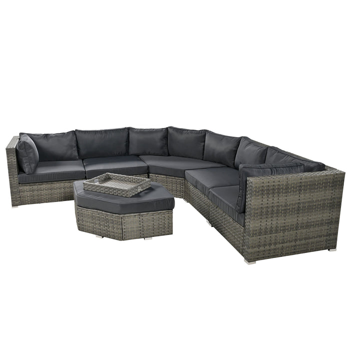 U - Style Patio Furniture Set, 6 Piece Outdoor Conversation Set All Weather Wicker Sectional Sofa With Ottoman And Cushions And Small Trays - Grey