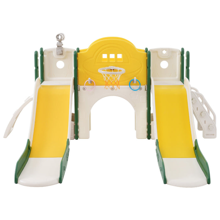 Kids Slide Playset Structure 7 In 1 Freestanding Spaceship Set With Slide, Arch Tunnel, Ring Toss And Basketball Hoop, Double Slides For Toddlers, Kids Climbers Playground