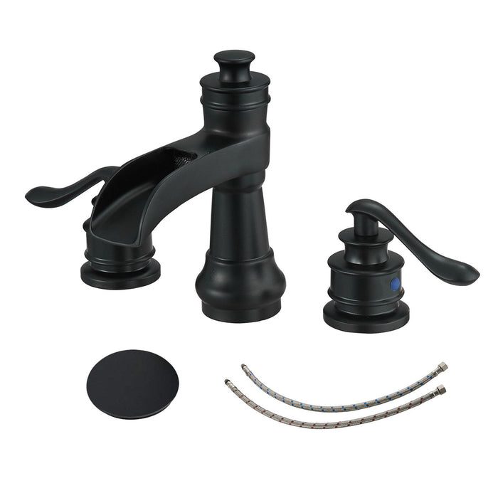 8" Waterfall Widespread 2 - Handle Bathroom Faucet With Pop - Up Drain Assembly In Matte Black