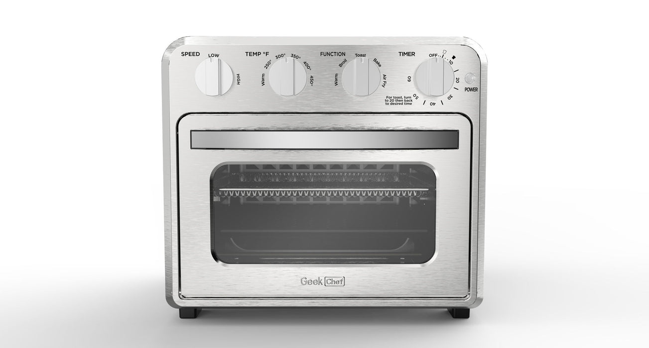 Geek Chef Air Fryer Toaster Oven Combo, 4 Slice Toaster Convection Air Fryer Oven Warm, Broil, Toast, Bake, Air Fry, Oil-Free, Accessories Included, Stainless Steel, Silver (16Qt Air Fryer Oven) Ban On