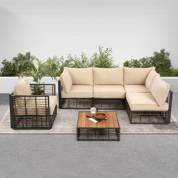 Grand Patio 6 Piece Wicker Patio Furniture Set, All-Weather Outdoor Conversation Set Sectional Sofa With Water Resistant Beige Thick Cushions And Coffee Table