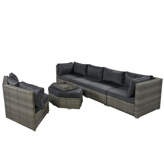 U - Style Patio Furniture Set, 6 Piece Outdoor Conversation Set All Weather Wicker Sectional Sofa With Ottoman And Cushions And Small Trays - Grey