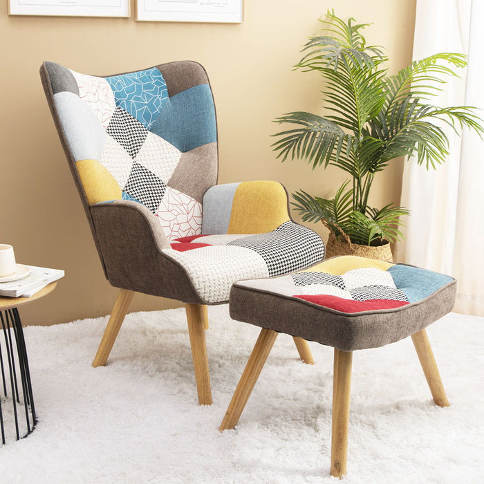Accent Chair With Ottoman, Living Room Chair And Ottoman Set, Comfy Side Armchair, Creative Splicing Cloth Surface - Colorful
