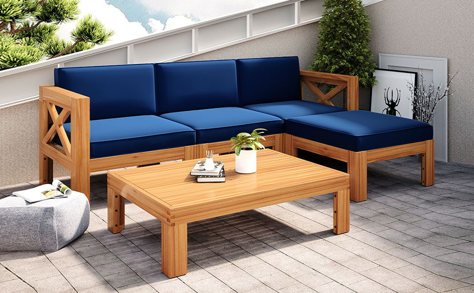 Topmax Outdoor Backyard Patio Wood 5 Piece Sectional Sofa Seating Group Set With Cushions, Natural Finish / Blue Cushions