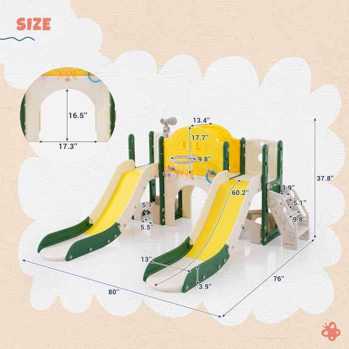 Kids Slide Playset Structure 7 In 1 Freestanding Spaceship Set With Slide, Arch Tunnel, Ring Toss And Basketball Hoop, Double Slides For Toddlers, Kids Climbers Playground