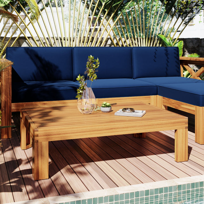 Topmax Outdoor Backyard Patio Wood 5 Piece Sectional Sofa Seating Group Set With Cushions, Natural Finish / Blue Cushions