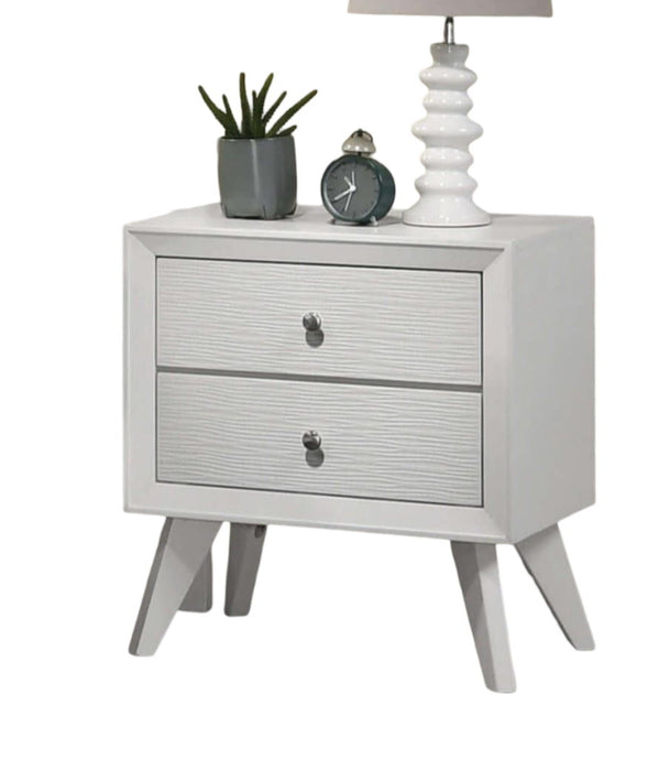 Contemporary White Color Nightstand Bedroom Furniture Solid Wood Wave Texture 2 Drawers Bedside Table Bronze Round Knobs