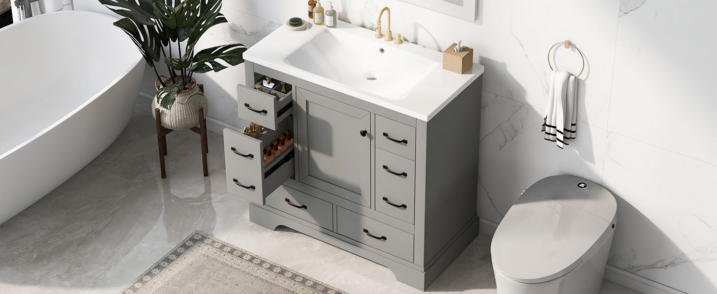 Bathroom Vanity With Sink Combo, Six Drawers, Multi - Functional Drawer Divider, Adjustable Shelf, Grey