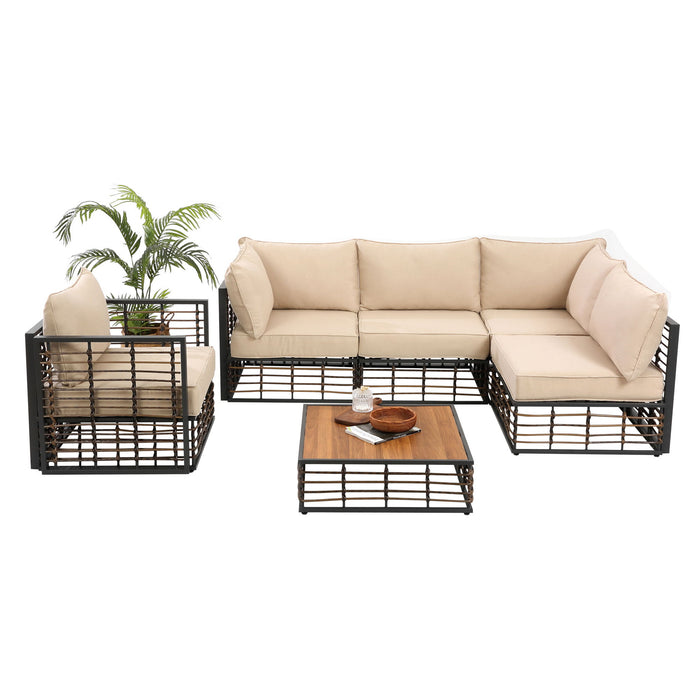 Grand Patio 6 Piece Wicker Patio Furniture Set, All-Weather Outdoor Conversation Set Sectional Sofa With Water Resistant Beige Thick Cushions And Coffee Table