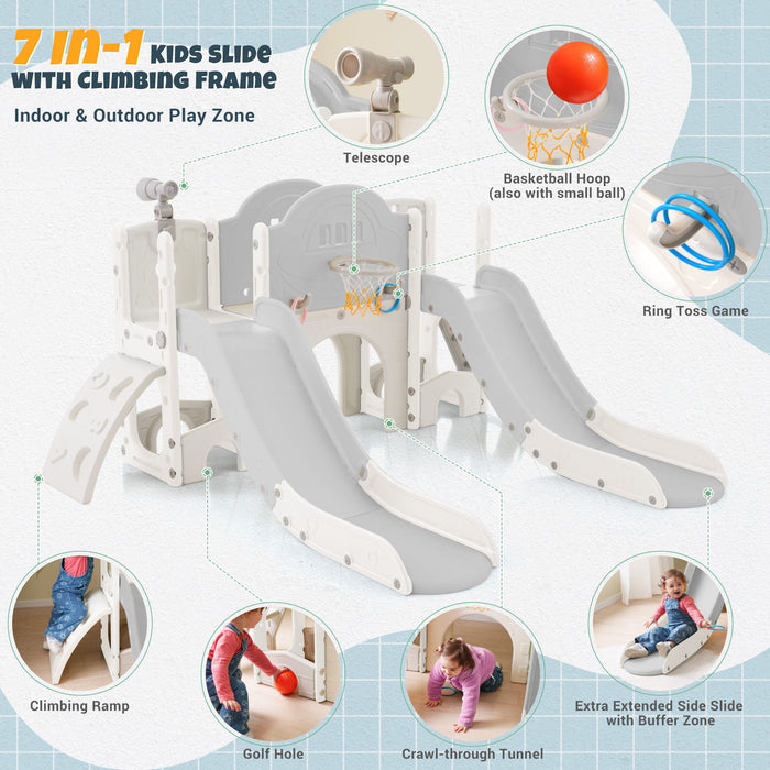 Kids Slide Playset Structure 7 In 1, Freestanding Spaceship Set With Slide, Arch Tunnel, Ring Toss And Basketball Hoop Double Slides For Toddlers, Kids Climbers Playground