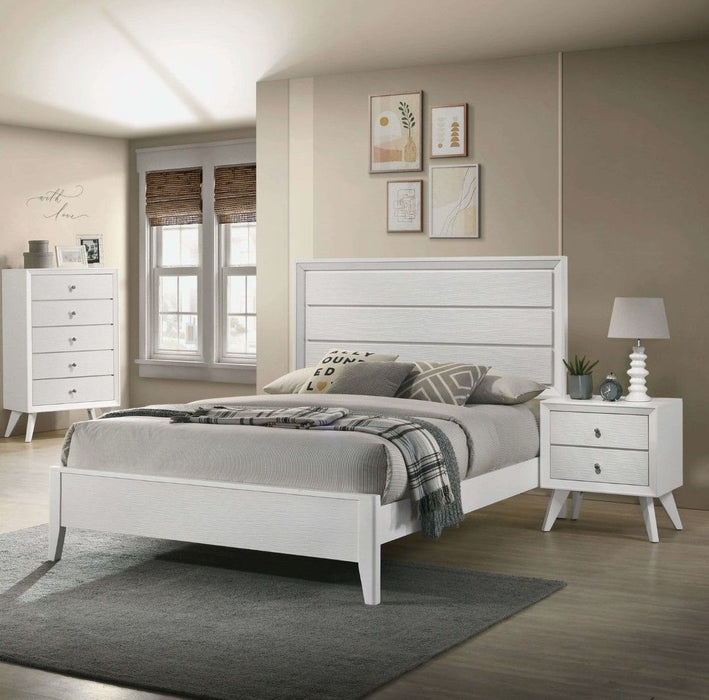Contemporary White Color Nightstand Bedroom Furniture Solid Wood Wave Texture 2 Drawers Bedside Table Bronze Round Knobs