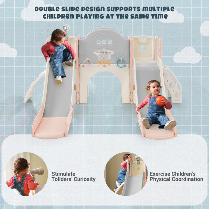 Kids Slide Playset Structure 7 In 1, Freestanding Spaceship Set With Slide Arch Tunnel, Ring Toss And Basketball Hoop, Double Slides For Toddlers, Kids Climbers Playground