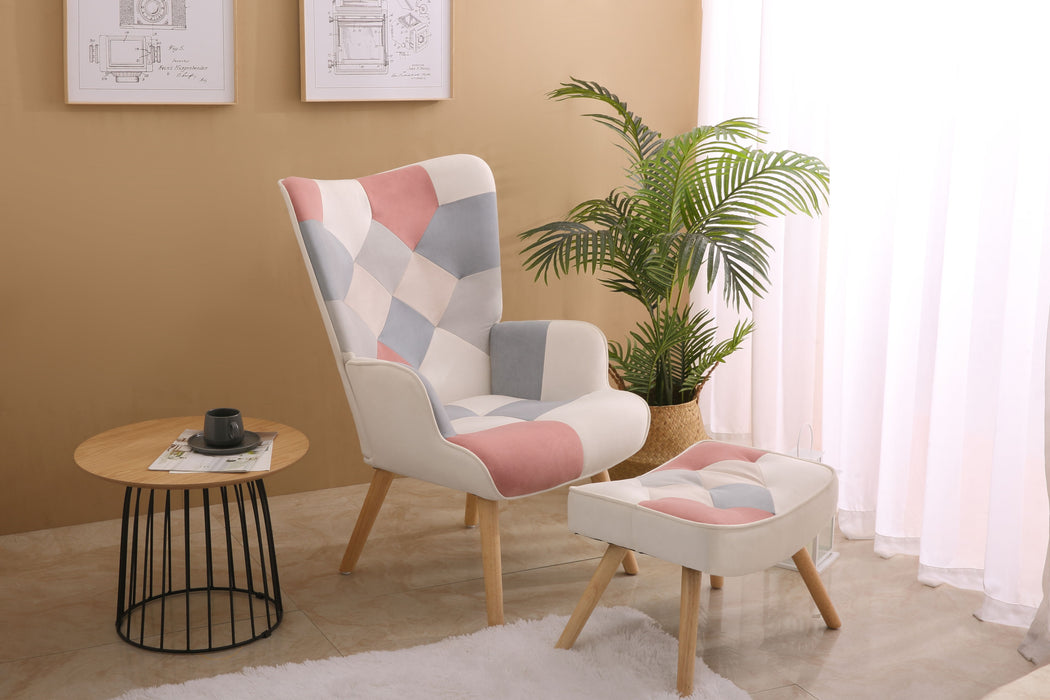 Accent Chair With Ottoman, Living Room Chair And Ottoman Set, Comfy Side Armchair For Bedroom, Creative Splicing Cloth Surface - Pink