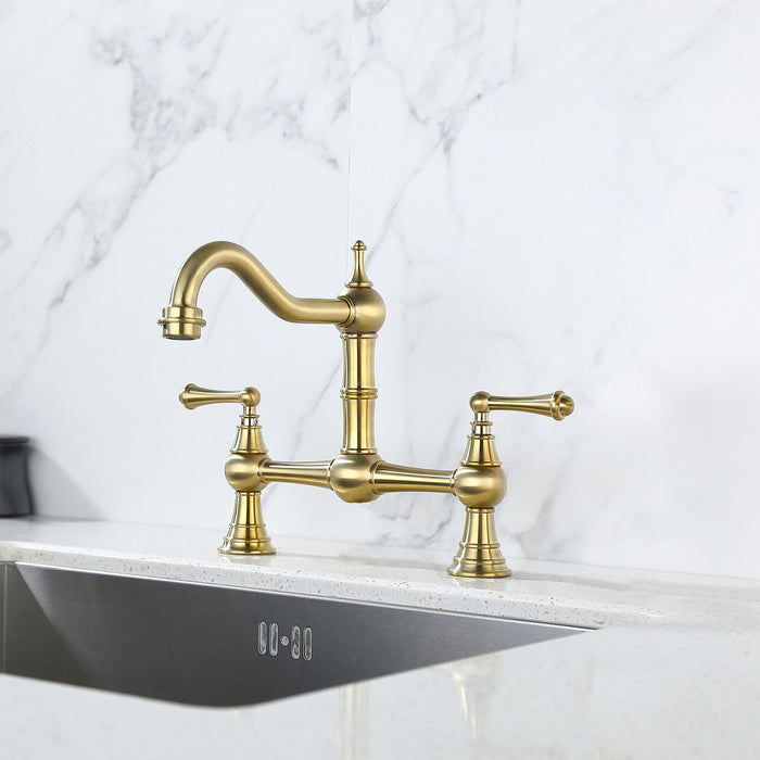 Double Handle Widespread Kitchen Faucet With Traditional Handles - Gold