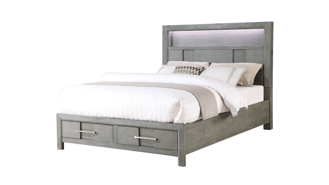 Kenzo Modern Style Full 4 Piece Storage Bedroom Set Made With Wood, LED Headboard, Bluetooth Speakers & USB Ports - Grey