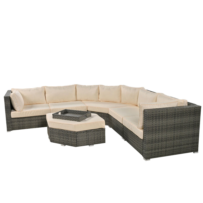 U - Style Patio Furniture Set, 6 Piece Outdoor Conversation Set All Weather Wicker Sectional Sofa With Ottoman And Cushions And Small Trays - Beige