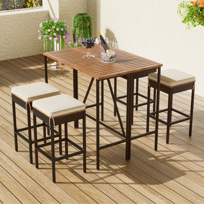 Go 5 Piece Outdoor Acacia Wood Bar Height Table And Four Stools With Cushions, Garden PE Rattan Wicker Dining Table, Foldable Tabletop, High Dining Bistro Set, All-Weather Patio Furniture, Brown