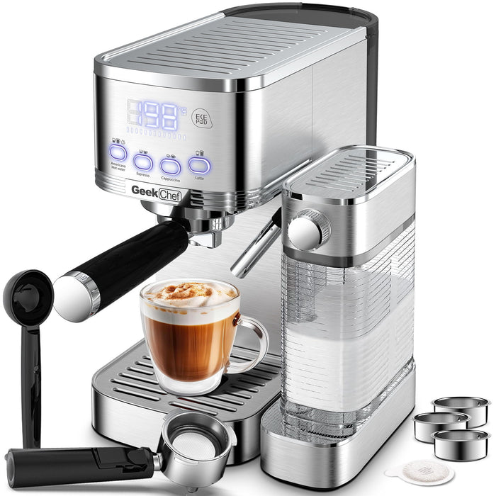 Geek Chef Espresso And Cappuccino Machine With Automatic Milk Frother, 20Bar Espresso Maker For Home, For Cappuccino Or Latte, With Ese Pod Filter, Stainless Steel, Gift For Coffee Lover