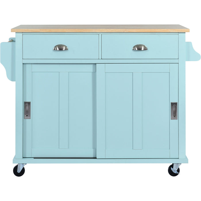 Kitchen Cart With Rubber Wood Drop - Leaf Countertop, Concealed Sliding Barn Door Adjustable Height, Kitchen Island On 4 Wheels With Storage Cabinet And 2 Drawers, L52.2Xw30.5Xh36.6", Mint Green