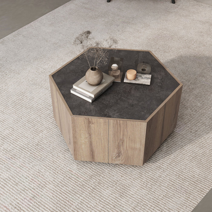 Hexagonal Rural Style Garden Retro Living Room Coffee Table With 2 Drawers, Textured Black + Warm Oak
