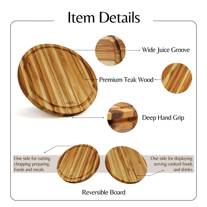 Teak Cutting Board Reversible Chopping Serving Board Multipurpose Food Safe Thick Board, Small Large Size 15.8X15.8X1.25"