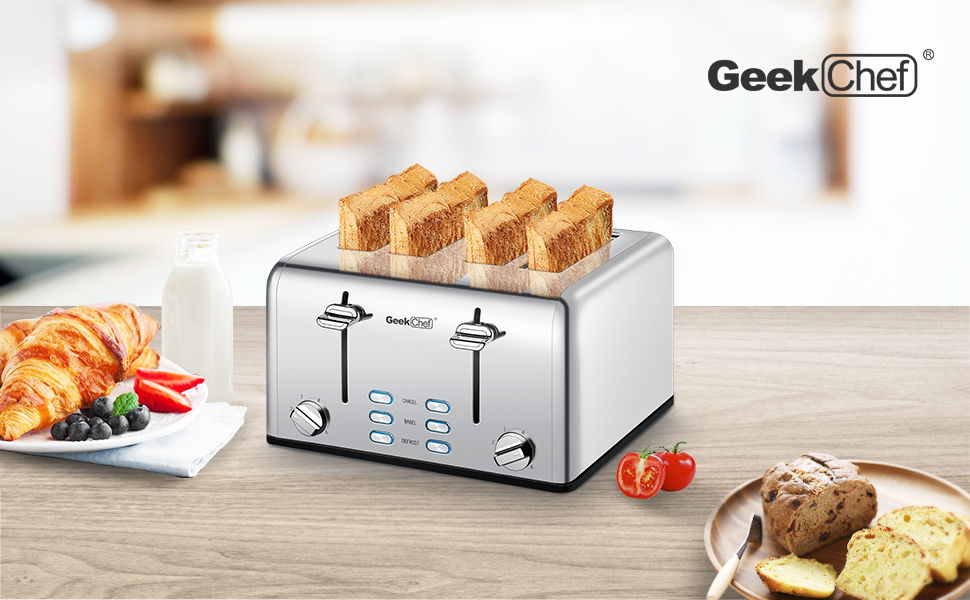 Toaster 4 Slice, Geek Chef Stainless Steel Extra Wide Slot Toaster With Dual Control Panels Of Bagel/Defrost/Cancel Function, 6 Toasting Bread Shade Settings, Removable Crumb Trays Ban On Amazon