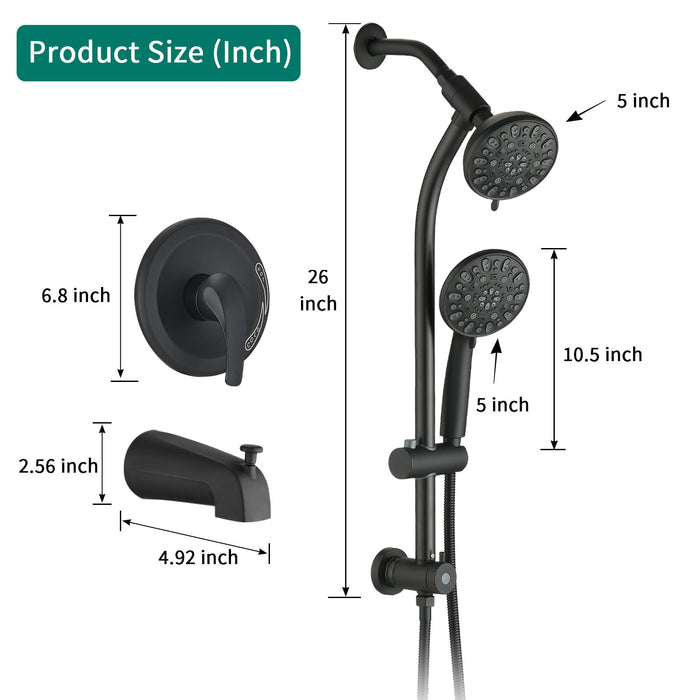 Drill - Free Stainless Steel Slide Bar Combo Rain Showerhead 7 Setting Hand, Dual Shower Head Spa System With Tup Spout (Rough-In Valve Included) - Matte Black