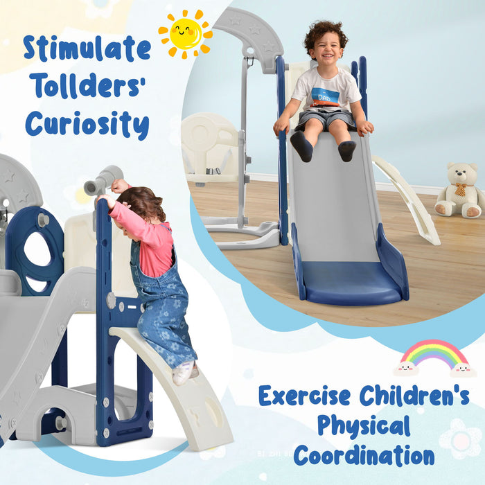 Toddler Slide And Swing Set 5 In 1, Kids Playground Climber Slide Playset With Telescope, Freestanding Combination For Babies Indoor & Outdoor - Grey / Blue