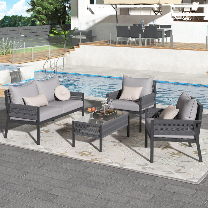 K&K 4 Piece Rope Patio Furniture Set, Outdoor Furniture With Tempered Glass Table, Patio Conversation Set Deep Seating With Thick Cushion For Backyard Porch Balcony (Light Brown / Grey)