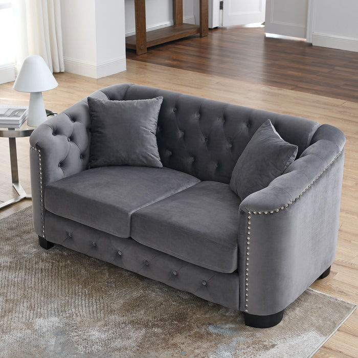 59 Inch Modern Chesterfield Velvet Sofa, 2-Seater Sofa, Upholstered Tufted Backrests With Nailhead Arms And 2 Cushions For Living Room, Bedroom, Apartment, Office - Gray