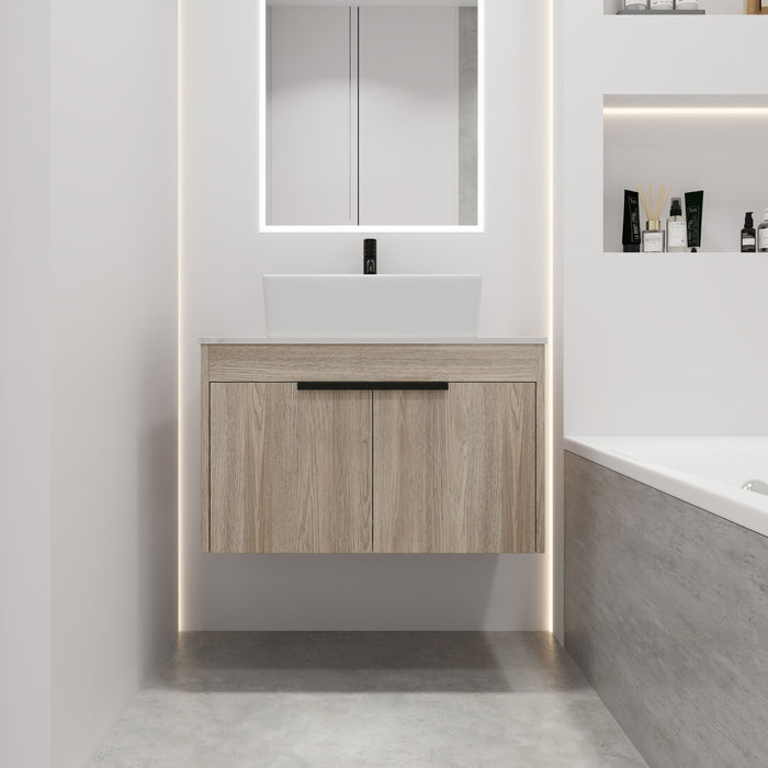 30" Modern Design Float Bathroom Vanity With Ceramic Basin Set, Wall Mounted White Oak Vanity With Soft Close Door, KD-Packing, KD-Packing, 2 Pieces Parcel, Top - Bab110Mowh