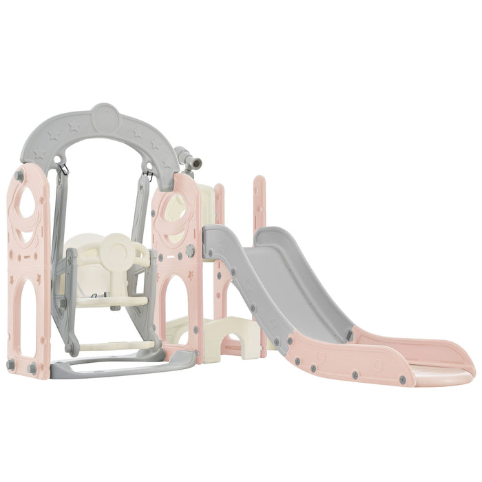 Toddler Slide And Swing Set 5 In 1, Kids Playground Climber Slide Playset With Telescope, Freestanding Combination For Babies Indoor & Outdoor - Pink / Grey