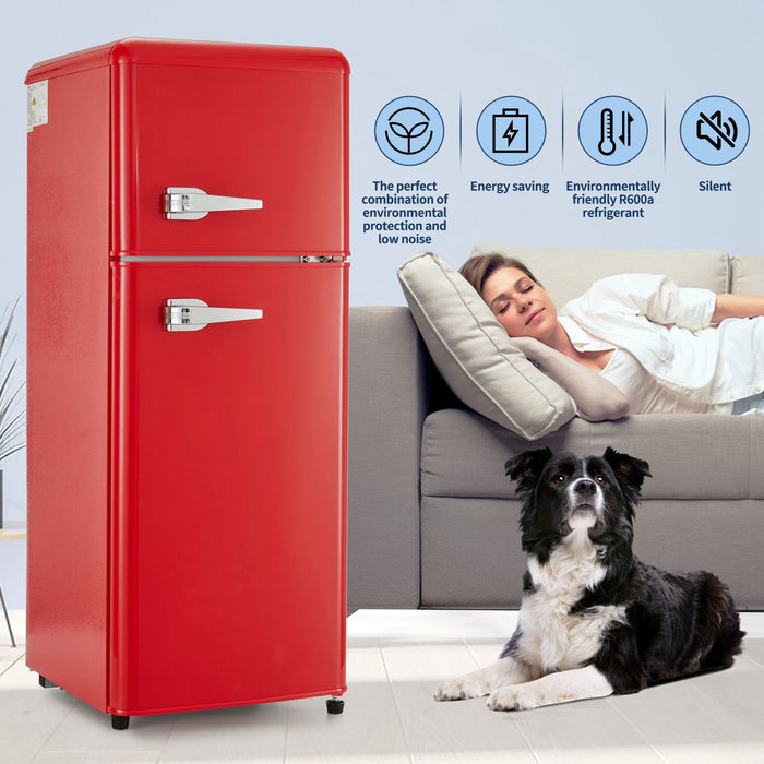 4.5 Cu. Ft. Dual Zone Refrigerator, 3.3 Fridge / 1.2 Cu. Ft. 4 - Star Freezer, 7 Temperature Settings, 45 Db, Red, Silver Handles, LED Lighting, Adjustable Shelves, 16.69" X 17.52" X 40.08"