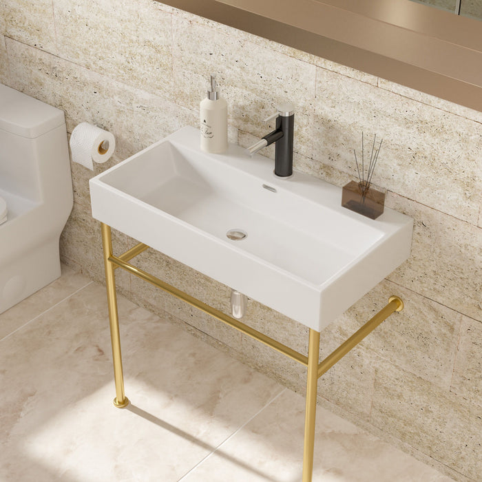 30" Bathroom Console Sink With Overflow, Ceramic Console Sink White Basin Gold Legs