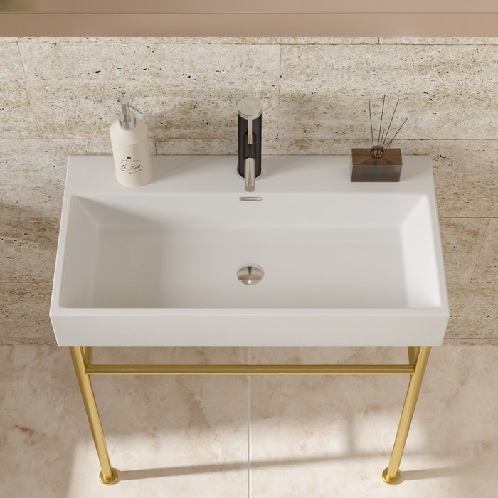 30" Bathroom Console Sink With Overflow, Ceramic Console Sink White Basin Gold Legs