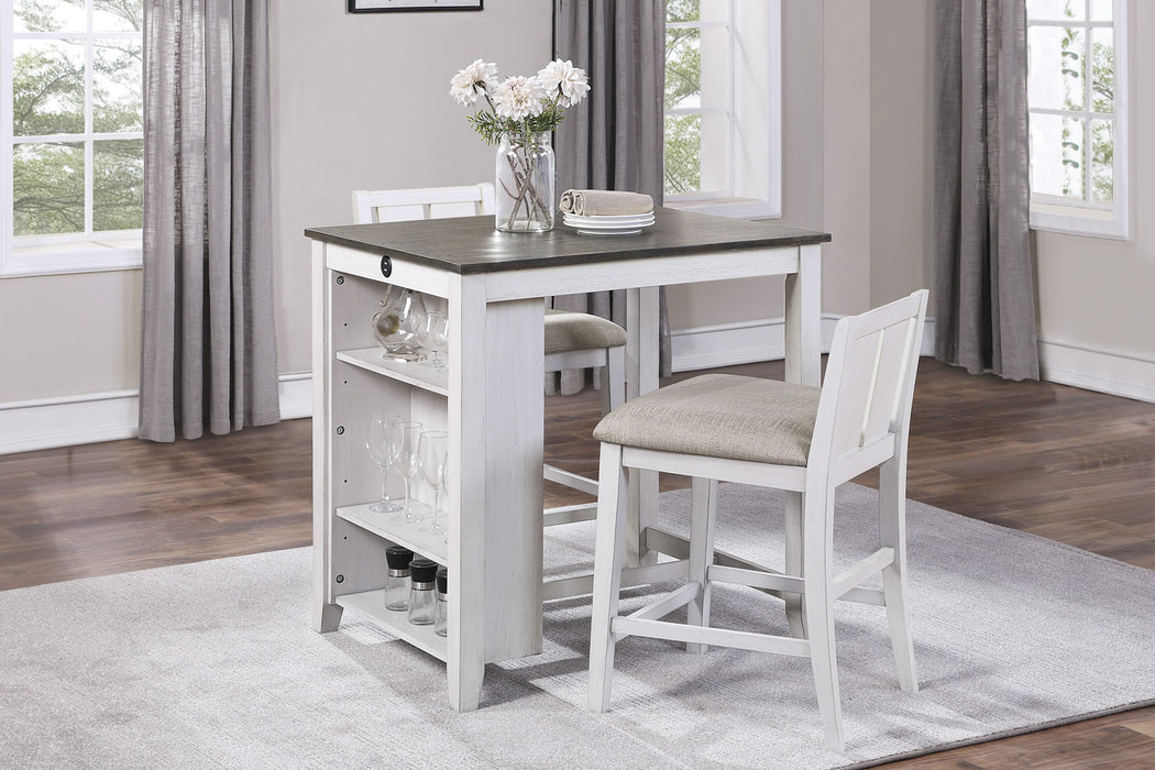 Transitional Design White And Gray Finish 3 Piece Pack Counter Height Set Table Display Shelf USB Ports And 2 Counter Height Chairs Fabric Upholstered Dining Furniture