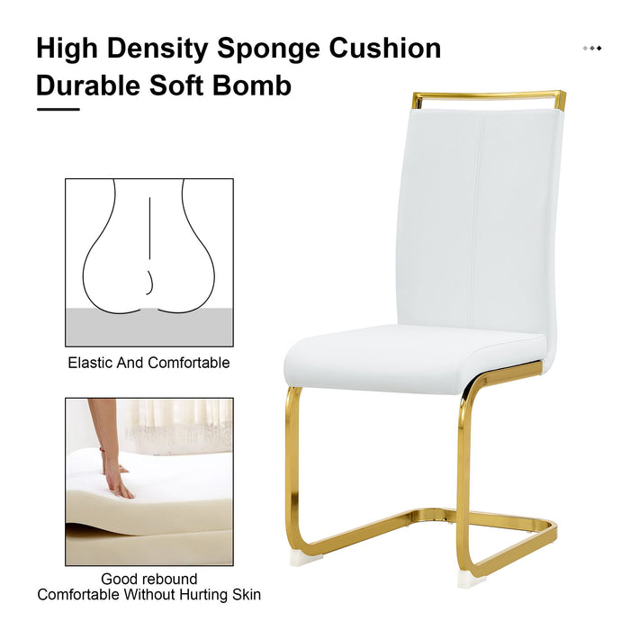 Table And Chair Set 1 Table And 4 White PU Backrest Cushions With Gold Metal Leg Chairs A Rectangular White Imitation Marble Desktop With MDF Legs And Gold Metal Decorative Strips