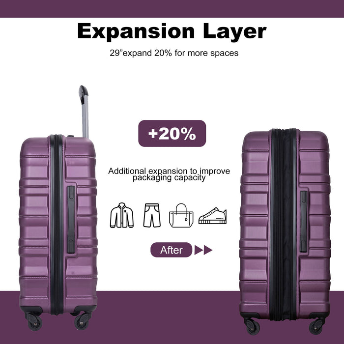 Expandable 3 Piece Luggage Sets Pc Lightweight & Durable Suitcase With Two Hooks, Spinner Wheels, Tsa Lock, (21 / 25 / 29) Dark Purple