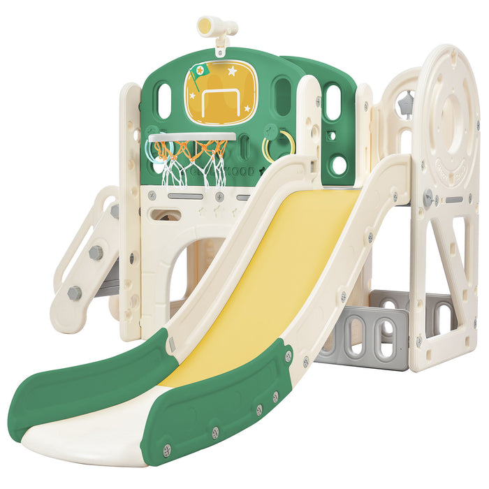 Kids Slide Playset Structure, Freestanding Castle Climbing Crawling Playhouse With Slide, Arch Tunnel, Ring Toss, And Basketball Hoop, Toy Storage Organizer For Toddlers, Kids Climbers Playground - Green