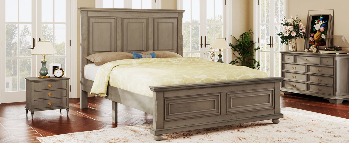 Traditional Town And Country Style Pinewood Vintage Queen Bed, Stone