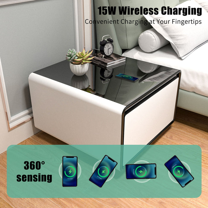 Modern Smart Side Table With Built-In Fridge, Wireless Charging, Temperature Control, Power Socket, Usb Interface, Outlet Protection, Induction Light - White