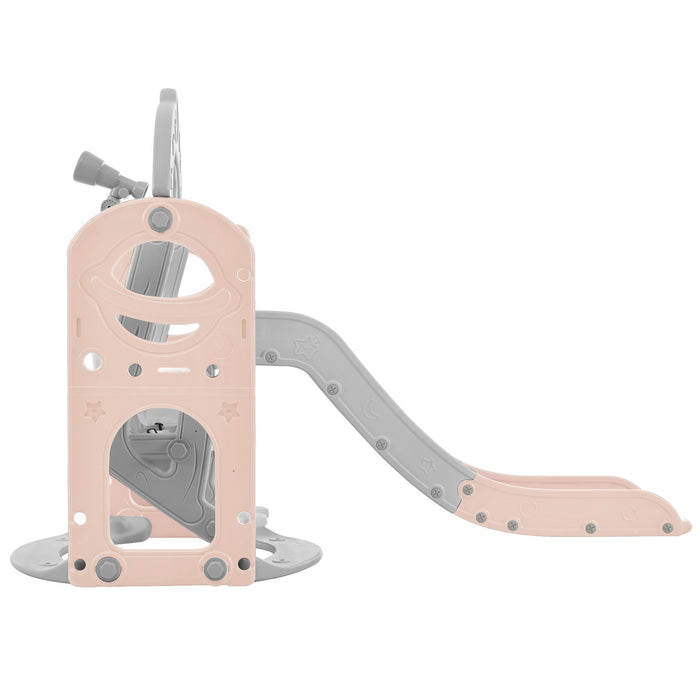 Toddler Slide And Swing Set 5 In 1, Kids Playground Climber Slide Playset With Telescope, Freestanding Combination For Babies Indoor & Outdoor - Pink / Grey