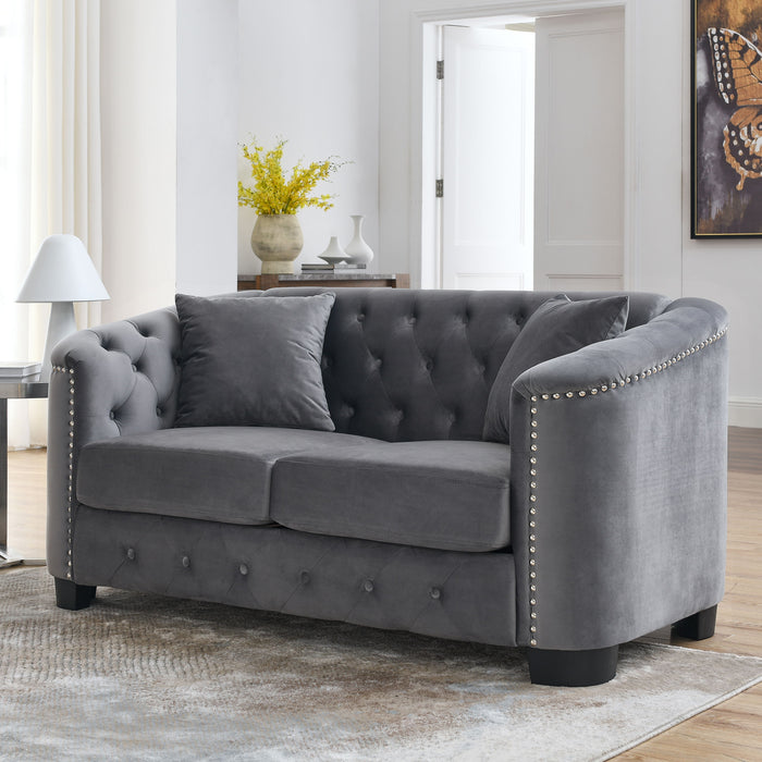 59 Inch Modern Chesterfield Velvet Sofa, 2-Seater Sofa, Upholstered Tufted Backrests With Nailhead Arms And 2 Cushions For Living Room, Bedroom, Apartment, Office - Gray