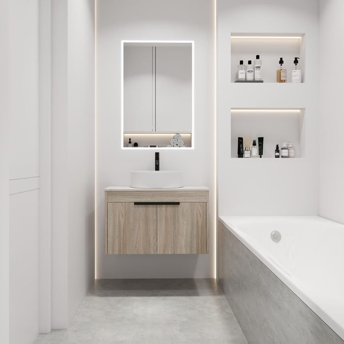 30" Modern Design Float Bathroom Vanity With Ceramic Basin Set, Wall Mounted White Oak Vanity With Soft Close Door, KD-Packing, KD-Packing, 2 Pieces Parcel, Top - Bab400Mowh