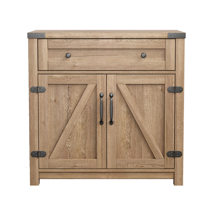Modern Farmhouse Double Barn Door Accent Cabinet, 30", Tobacco Wood