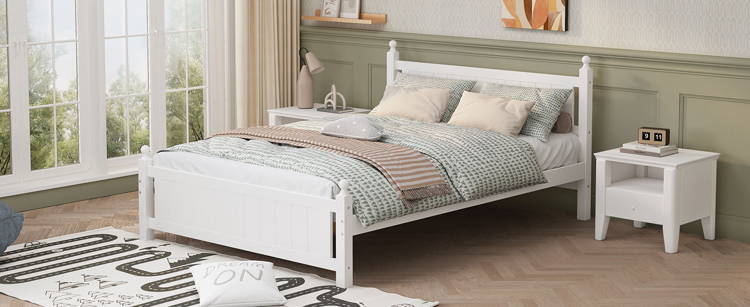 Queen Size Solid Wood Platform Bed Frame For Kids, Teens, Adults, No Need Box Spring, White